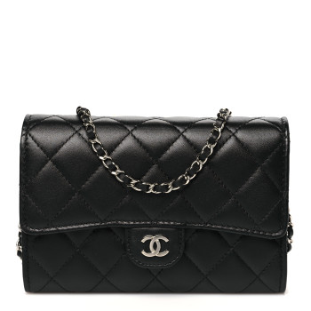 CHANEL Lambskin Quilted Mini French Wallet On Chain WOC Black