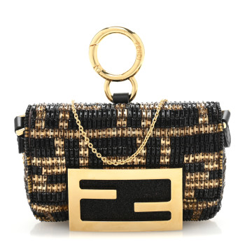 FENDI Crystal Vitello King FF Beaded Nano Maxi Buckle Baguette Charm Moro Black