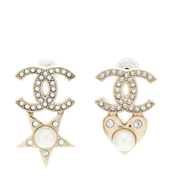 CHANEL Crystal Pearl Charming Winter CC Star Heart Earrings Gold