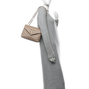 SAINT LAURENT Calfskin Y Quilted Monogram Small Loulou Chain Satchel Dark Beige