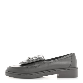 CHANEL Lambskin Quilted CC Turnlock Loafers 38 Dark Grey