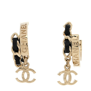 CHANEL Metal Lambskin CC Chain Hoop Earrings Gold Black