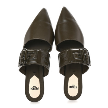 FENDI Vitello FF Embossed Buckle Flat Mules 37 Wood