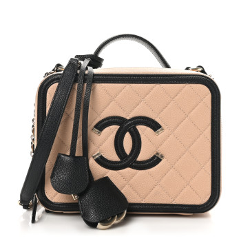 CHANEL Caviar Quilted Medium CC Filigree Vanity Case Beige Black