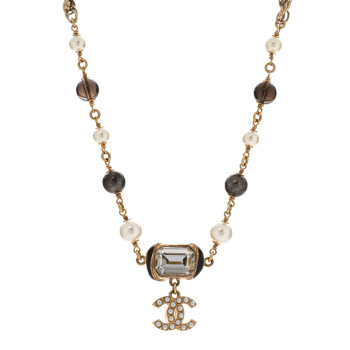 CHANEL Graduated Pearl Crystal CC Short Necklace Gold Black Grey