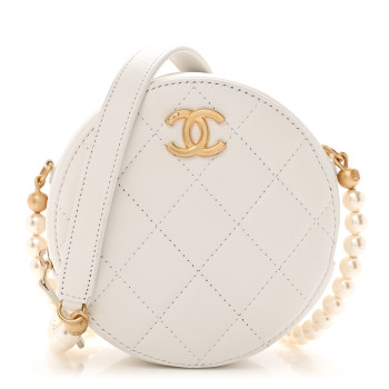CHANEL Calfskin Quilted Pearl Round Clutch With Chain White