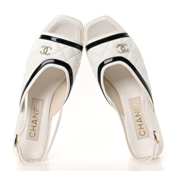 CHANEL Lambskin Patent Quilted CC Platform Sandals 36 White Black