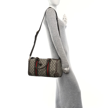 GUCCI GG Supreme Monogram Textured Dollar Calfskin Web Small Duffle Bag Beige Ebony