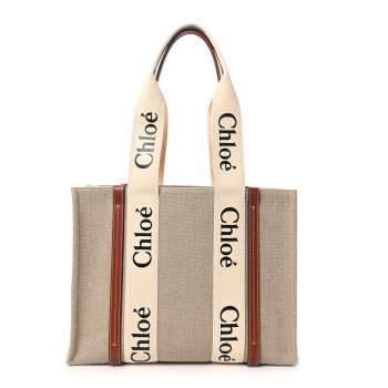 CHLOE Linen Calfskin Medium Woody Ribbon Tote White Brown
