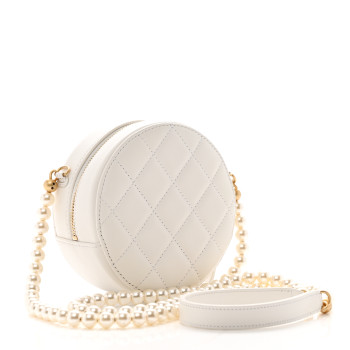 CHANEL Calfskin Quilted Pearl Round Clutch With Chain White
