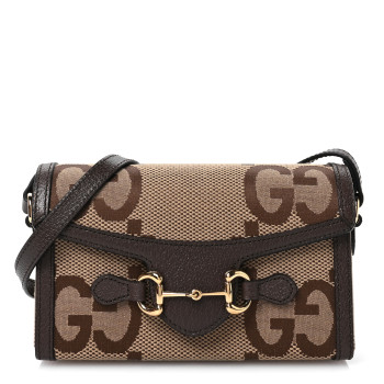 GUCCI Monogram Jumbo GG Textured Dollar Calfskin Mini Horsebit 1955 Shoulder Bag Camel Ebony New Acero
