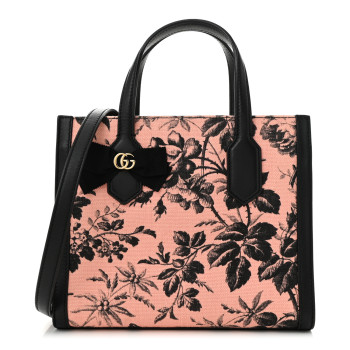 GUCCI Canvas Herbarium Print Ribbon Top Handle Bag Pink Black