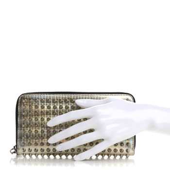 CHRISTIAN LOUBOUTIN Metallic Specchio Panettone Spiked Zip Around Wallet Silver