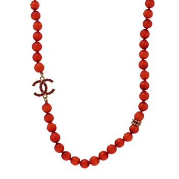 CHANEL Pearl Glass Bead CC Necklace Golden Red