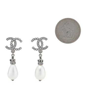 CHANEL Pearl Crystal CC Drop Clip On Earrings Silver Pearly White