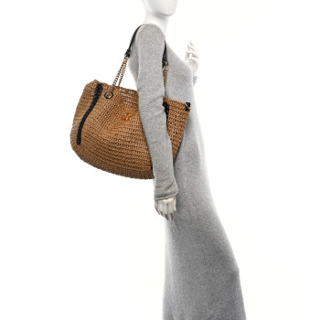 GUCCI Raffia Effect Large GG Marmont Shoulder Tote Bag Natural Black