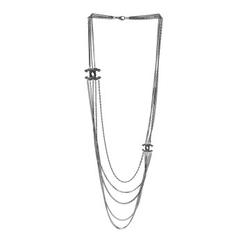 CHANEL Crystal CC Multi Strand Chain Necklace Silver