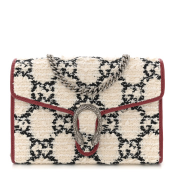 GUCCI Tweed GG Monogram Mini Dionysus Chain Wallet White Black Romantic Cherry