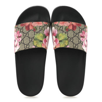 GUCCI GG Supreme Monogram Blooms Slide Sandals 38 Beige Multicolor
