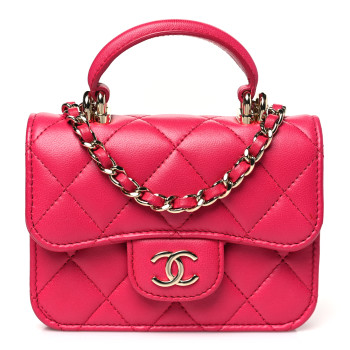 CHANEL Lambskin Quilted Top Handle Flap Coin Purse With Chain Dark Pink