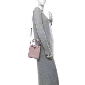 PRADA Spazzolato Metal Triangle Logo Small Double Handle Crossbody Tote Alabastro