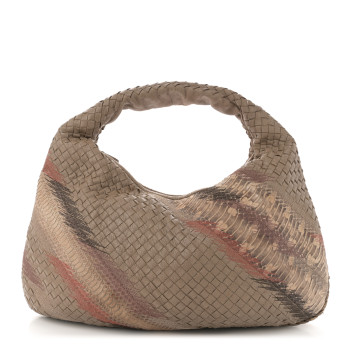 BOTTEGA VENETA Nappa Snakeskin Embroidered Intrecciato Large Veneta Hobo Beige Multicolor