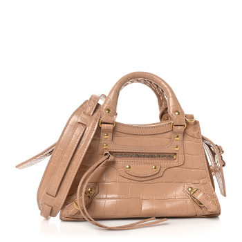 BALENCIAGA Shiny Supple Calfskin Crocodile Embossed Neo Classic Gold Hardware Mini City Nude Beige