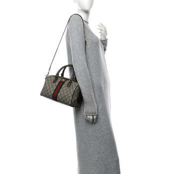 GUCCI GG Supreme Monogram Web Small Ophidia Top Handle Bag Beige Ebony