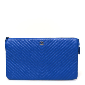 CHANEL Caviar Chevron Quilted Small Zipped Pouch Blue