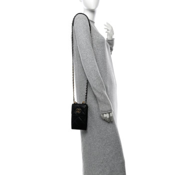 CHANEL Lambskin Quilted Chanel 19 Phone Holder With Chain Black