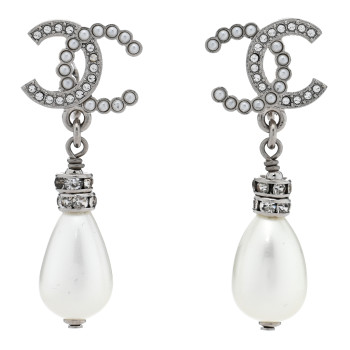 CHANEL Pearl Crystal CC Drop Clip On Earrings Silver Pearly White