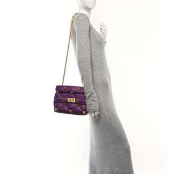 VALENTINO GARAVANI Crystal Suede Enamel Medium Roman Stud Shoulder Bag Purple