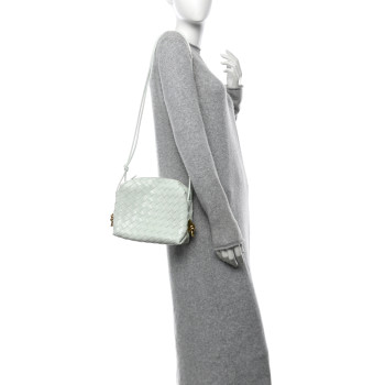 BOTTEGA VENETA Polished Patent Intrecciato Knot Small Loop Camera Bag Glacier Muse