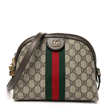 GUCCI GG Supreme Monogram Textured Dollar Calfskin Web Small Ophidia Dome Shoulder Bag Beige Ebony New Acero