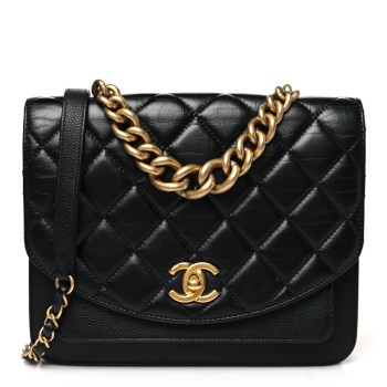 CHANEL Calfskin Caviar Quilted Chain Handle Flap Black