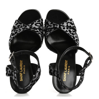 SAINT LAURENT Velvet Glitter Leopard Print Platform Sandals 37 Argento Black