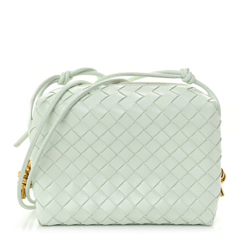 BOTTEGA VENETA Polished Patent Intrecciato Knot Small Loop Camera Bag Glacier Muse