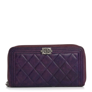 CHANEL Lambskin Quilted Boy Zip Around Wallet Purple