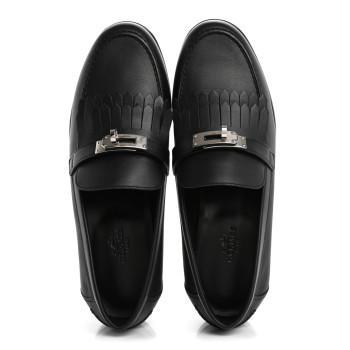 HERMES Fringed Calfskin Womens Destin Loafer 38 Black