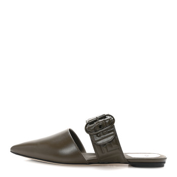 FENDI Vitello FF Embossed Buckle Flat Mules 37 Wood