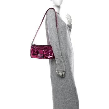 FENDI Sequin Paillettes Shiny Nappa Sex and the City Baguette Fuchsia Magenta