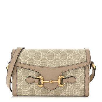 GUCCI GG Supreme Monogram Textured Dollar Calfskin Mini Horsebit 1955 Shoulder Bag Beige Mystic White Oatmeal