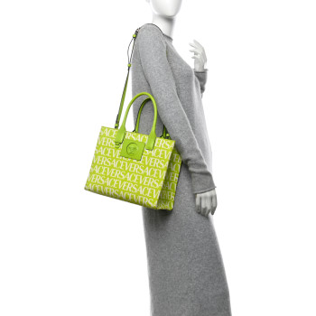 VERSACE Canvas Calfskin Allover La Medusa Small Tote Green