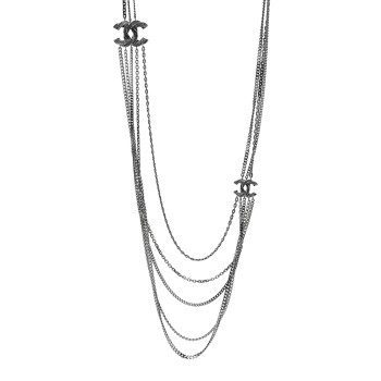 CHANEL Crystal CC Multi Strand Chain Necklace Silver
