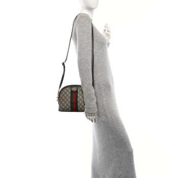 GUCCI GG Supreme Monogram Textured Dollar Calfskin Web Small Ophidia Dome Shoulder Bag Beige Ebony New Acero