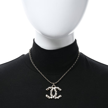 CHANEL Lambskin Crystal CC Chain Pendant Necklace Black Gold