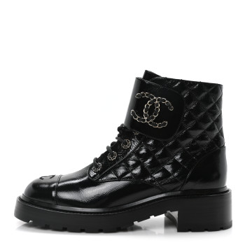 CHANEL Shiny Calfskin Quilted Lace Up Combat Boots 40.5 Black