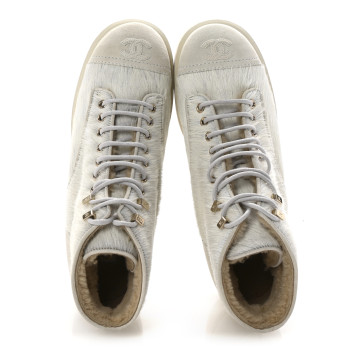 CHANEL Suede Pony Hair Shearling Lace Up Combat Boots 40 White Black