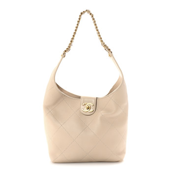CHANEL Shiny Lambskin Quilted Small Hobo Beige