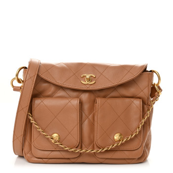 CHANEL Shiny Calfskin Quilted Supple Twins Small Hobo Bag Brown